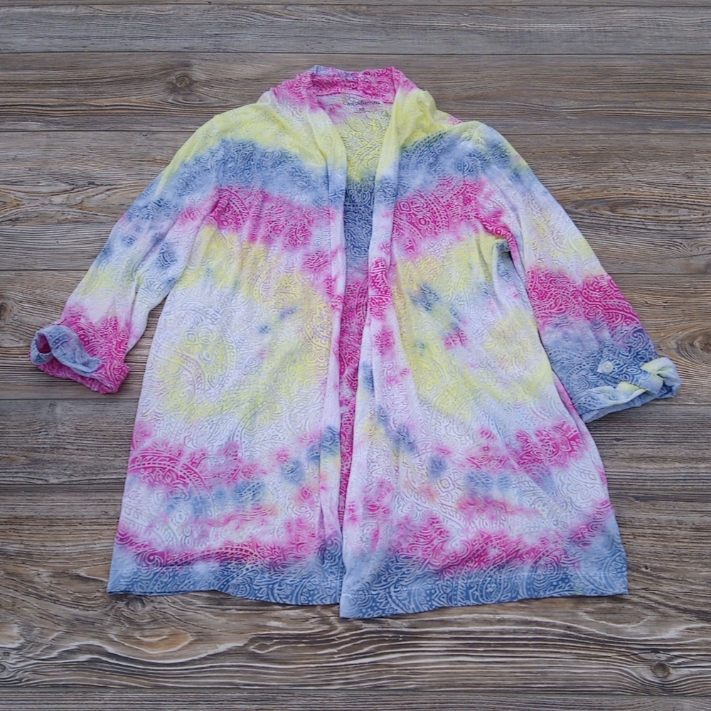 Tie Dye Burnout Lightweight Semi Sheer Open Front Cardigan Sweater Blazer